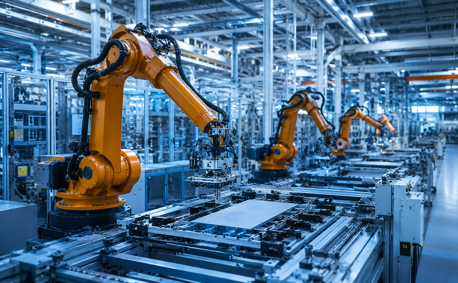 Industrial robotic arms on production line